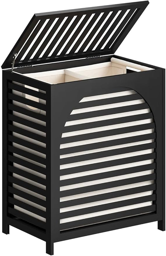 Black Laundry Hamper, Laundry Hamper with Lid, 27.3 Gallon (103L) Bamboo Wood Clothes Laundry Basket with Lid and Handles, Removable Liner