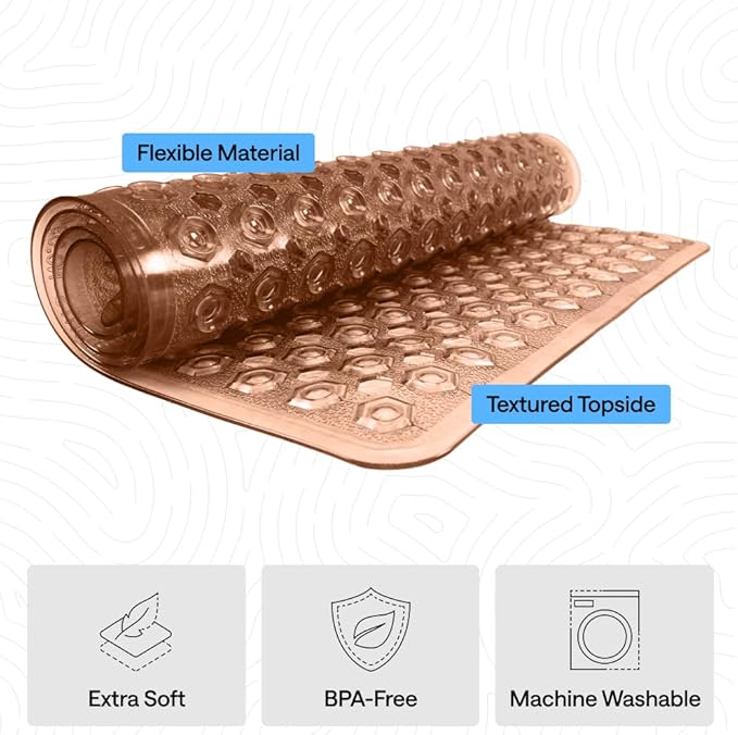 GORILLA GRIP Patented Bath Tub Shower Mat, Machine Washable Bathtub Floor Liner Mats, Suction Cups and Drain Holes to Keep Tubs Clean, Soft on Feet, Bathroom Essentials, 35x16 Inch, Brown