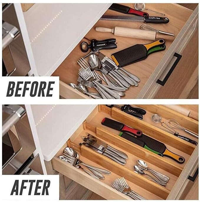 Bamboo Drawer Dividers, 6 Pack 2.4" Height Adjustable from 12.5-17" Works in Kitchen, Dresser, Bathroom, Bedroom, Drawer, Desk, Expandable Drawer Separators Splitte with Soft Foam Ends