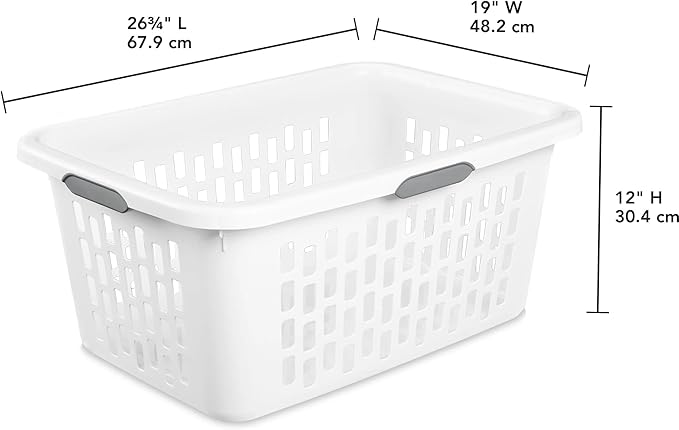 Large Plastic Laundry Basket with 4 Comfort Grip Handles, 2 Bushel Capacity, White
