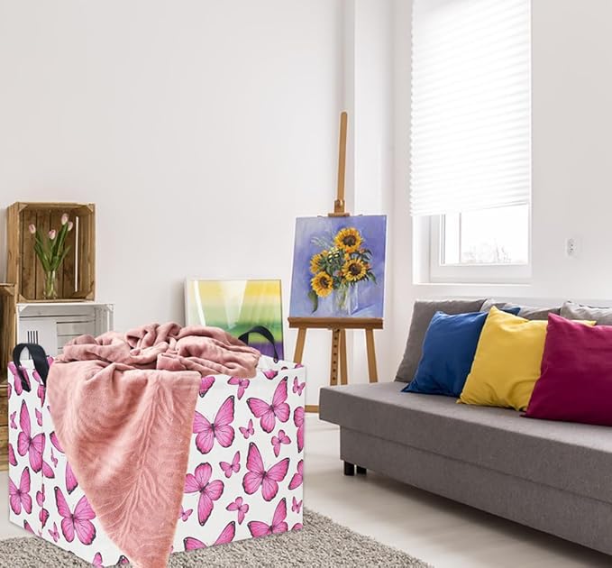 HIYAGON Rectangular Butterfly Pink Kids Storage Basket - Baby Girl Basket Toy Storage Bin Organizer Box Rainbow Room Decor