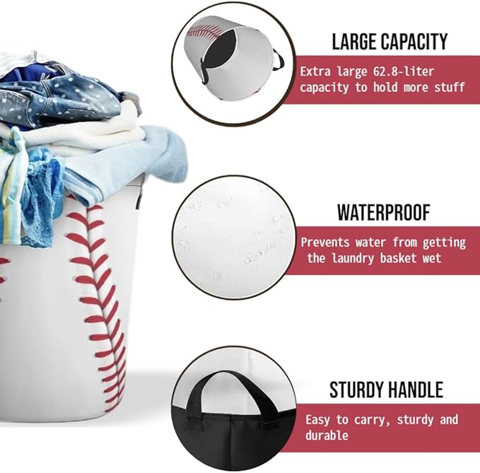 Baseball Laundry Basket Room Décor Hamper Clothes Storage Bucket Toy Organizer Foldable Waterproof Bathroom Laundry Storage Bedroom Large