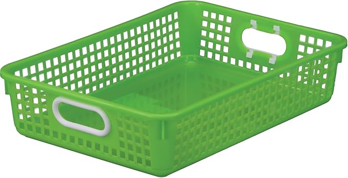 Really Good Stuff Multi-Purpose Small Desktop Paper Storage Baskets, 14" x 10" x 3.25", Set of 4, Neon Group Colors, Classroom Organization, Stackable Mesh Plastic Baskets with Grip Handles