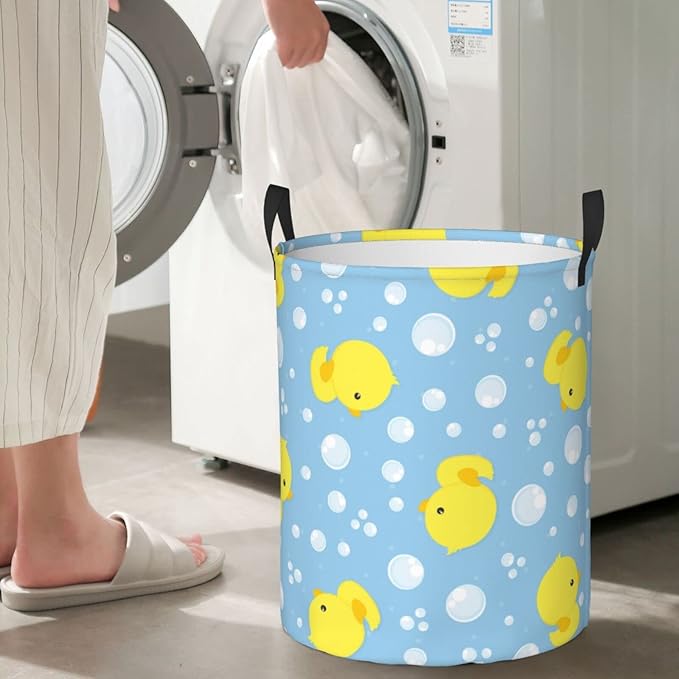 38L Round Laundry Hamper Cute Rubber Ducks Storage Basket Waterproof Coating Organizer Bin For Nursery Clothes Toys