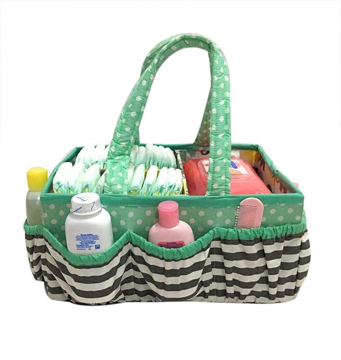 Bacati Elephants Unisex Nursery Fabric Storage Caddy with Handles, Mint/Yellow/Grey