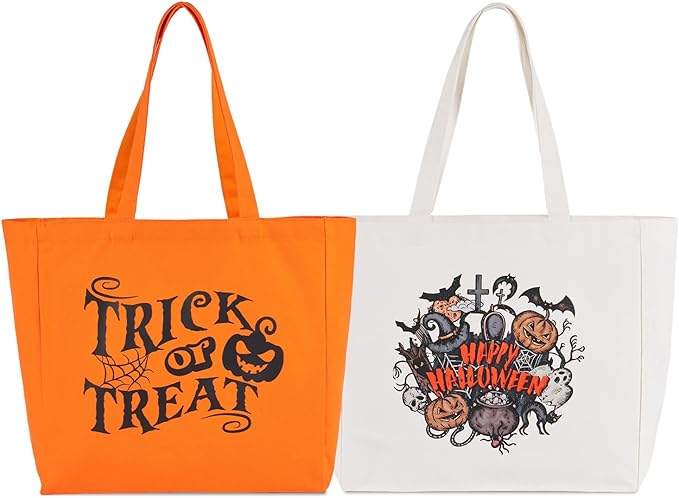Halloween Basket Tote Bag Set of 2Candy Ice Basket Trick for Treat Bags Tote with Ornament for Candy Party Accessory (White & Pumpkin)