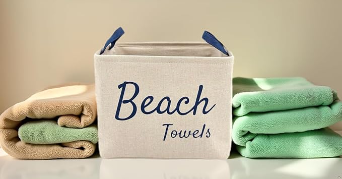 Beach Towel Storage Bin and Organizer. Space saver for family beach towels or other items. Store beach and pool towels in one stylish container tote. Great for beach house or home organization.