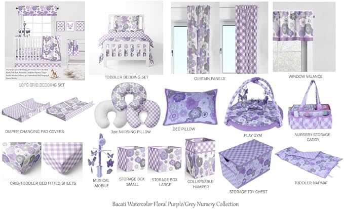 Bacati - Watercolor Flowers Nursery Kids Storage Items, Purple Gray Nursery Storage Caddy