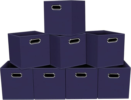 Fabric storage bins Cubes, Fabric Cube Organizer with Handle, Foldable Cube Bins for Cloth or Accessary Storage, 11x11x11, Set of 8, (Navy Blue)