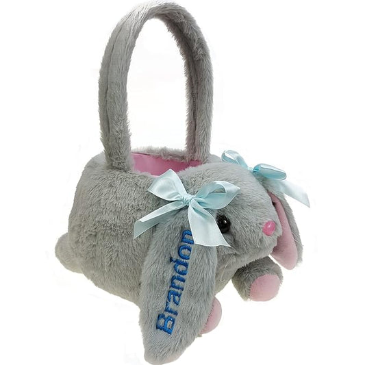 DearSun Personalized Easter Egg Hunting Basket 3D Plush Bunny Basket Candy Bucket Gift Basket with Embroidery Name (Grey Plush Bunny Basket)