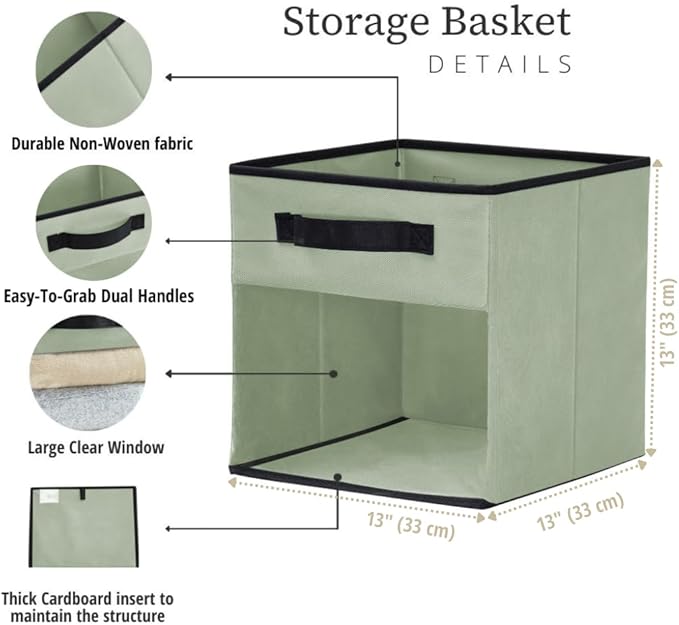 DECOMOMO Storage Cubes, 13 inch Cube Storage Bins with Window, Fabric Organizer Bins (13" / 6pcs, Green)