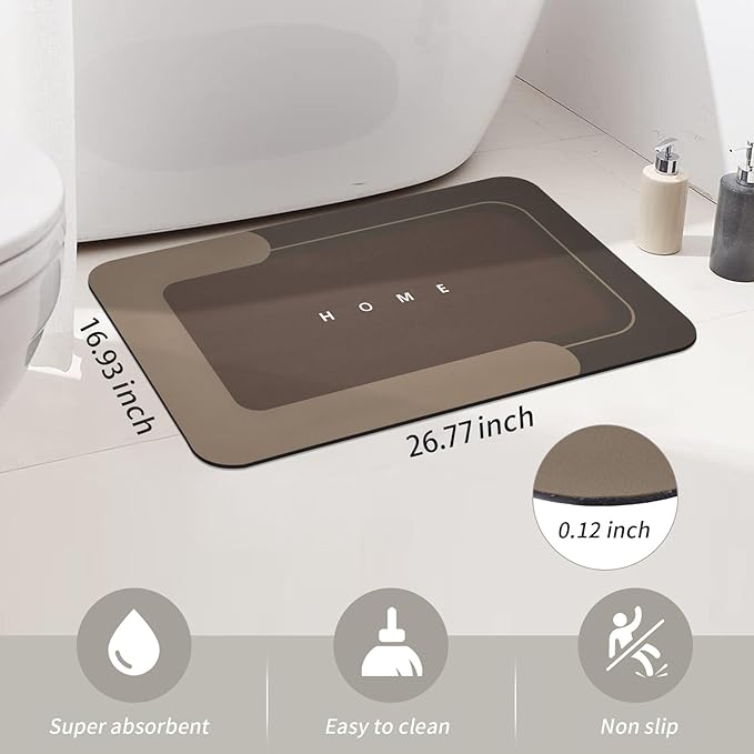 Housego Absorbent Bath Mat Magic Rug, Quick Drying Magic Bath Mat Non-Slip Floor Rug Rubber Backed for Bathroom Kitchen Shower Sink, Water Absorbent (1PC, 16.93''x26.77’’, Brown)