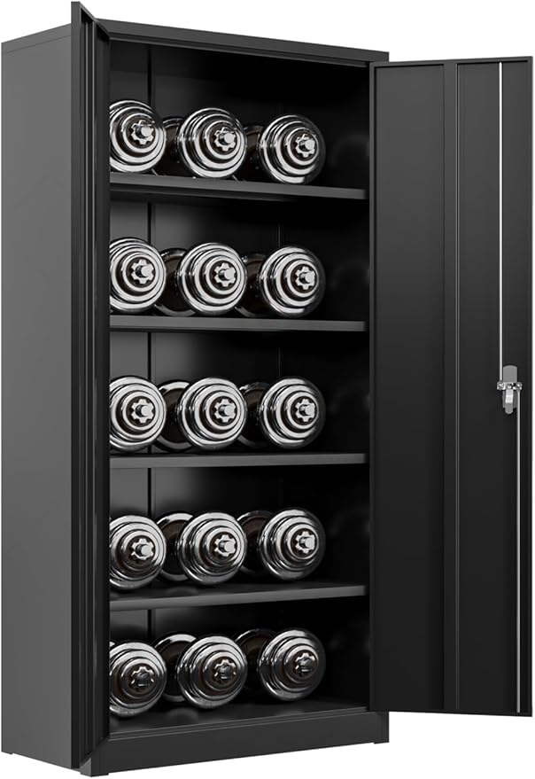 Black Iron Metal Lockable Storage Cabinet - Durable Home Office Garage Organizer for TV & Slim Storage - Secure Sideboard Locking Filing Pantry Tall Bathroom Floor Storage Cabinet with Lock