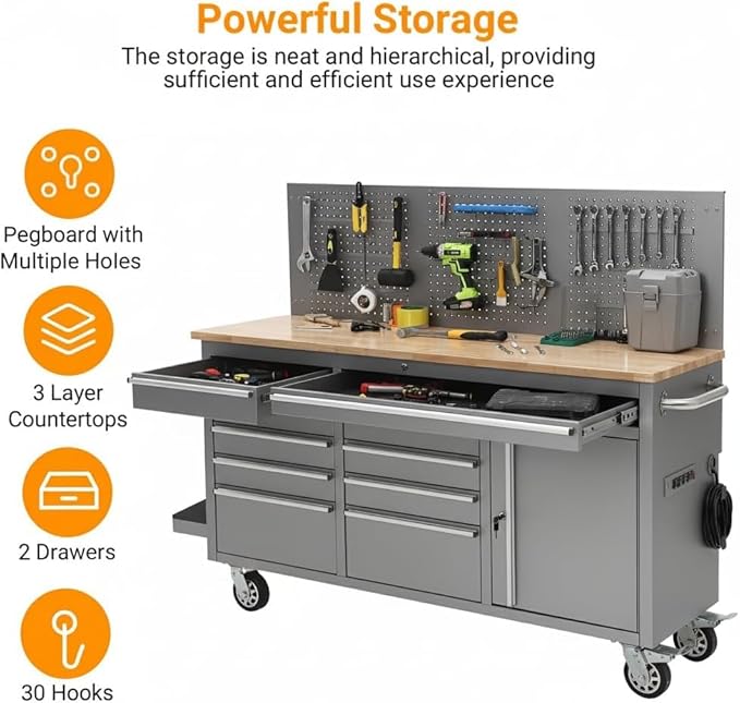61" Rolling Tool Chest with 10 Drawers, Workbench Cabinet with Power Strip, Solid Rubber Wood Top, 1675 LBS Load, Mobile Heavy Duty Garage Storage, Locking Wheels