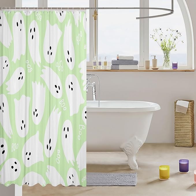 Halloween Shower Curtain,White Green Watercolor Hand Draw Print Decorative Bath Curtain,Cartoon Ghost Home Bathroom Decor Polyester Fabric Waterproof 72 x 84 Inches