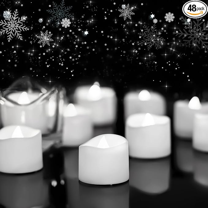 Homemory 48-Pack Cool White Novelty Flickering Flameless Tea Lights, 200+Hours Battery-Operated LED Fake Candles for Wedding Table Centerpieces,Proposal,Anniversary, White Base, Ø1.5'' × H1.3''
