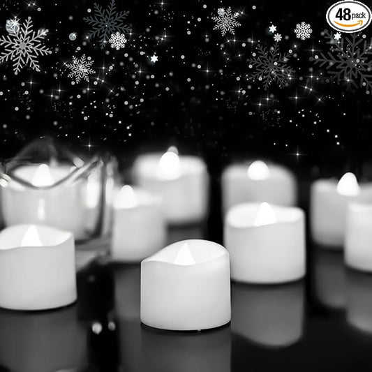 Homemory 48-Pack Cool White Novelty Flickering Flameless Tea Lights, 200+Hours Battery-Operated LED Fake Candles for Wedding Table Centerpieces,Proposal,Anniversary, White Base, Ø1.5'' × H1.3''