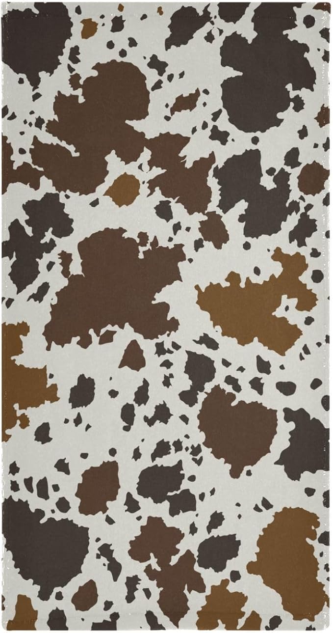 2 Pack Brown Cow Print Hand Towels for Bathroom,Soft Absorbent Rustic Cowhide Farmhouse Animal Skin Pattern Kitchen Towels,Cow Hide Decorative Guest Bathroom Towels for Face,Shower,Gym 14"x28"