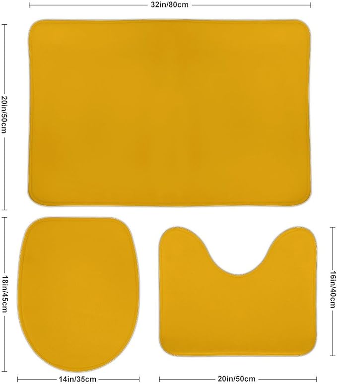 3 Pieces Bath Rug Sets, Mustard Yellow Bathroom Mat Set Non Slip U Shaped Contour Rug & Toilet Lid Cover