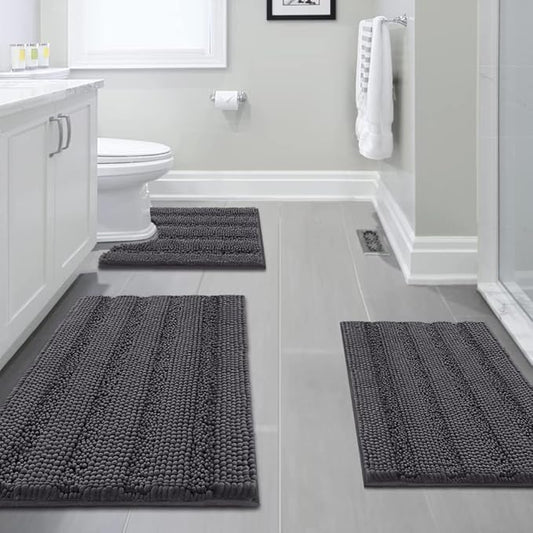 H.VERSAILTEX 3 Piece Bathroom Rugs Sets Thick Striped Bath Rugs Set for Bathroom Non Slip Soft Absorbent Bath Mat Set for Tub, Shower and Toilet(17''x24''+20''x32''+20''x24'' U-Shaped, Grey)