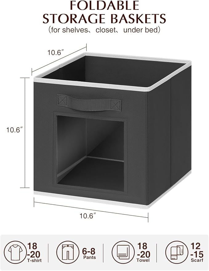 Cube Storage Bins - Fabric Shelves for Closet Organization, Foldable Storage Bins for Clothes, Decorative Storage Baskets with Window for Home, Set of 6, Black