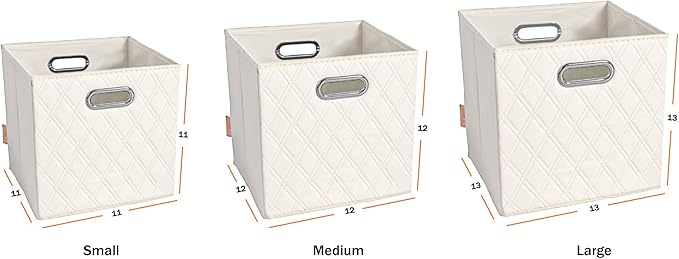 FH Group JIAessentials 12" Faux Leather Foldable Storage Cube Bins Set of 2 – Beige Diamond Patterned Organizers with Handles for Closet & Shelves