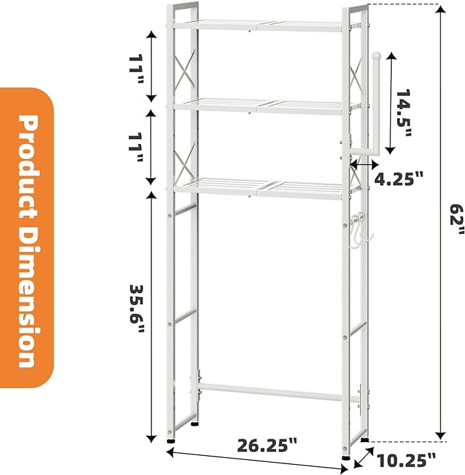 Simple Trending Over The Toilet Storage Rack with Toilet Paper Holder, Heavy Duty Metal 3 Tier Bathroom Organizer Shelf with 3 Hooks, White
