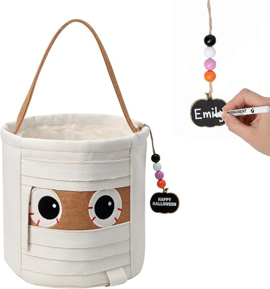 Halloween Trick or Treat Basket - Mummy Canvas Candy Bucket with Handle - Halloween Basket - Fabric Candy Bag for Parties & Treats (Mummy)