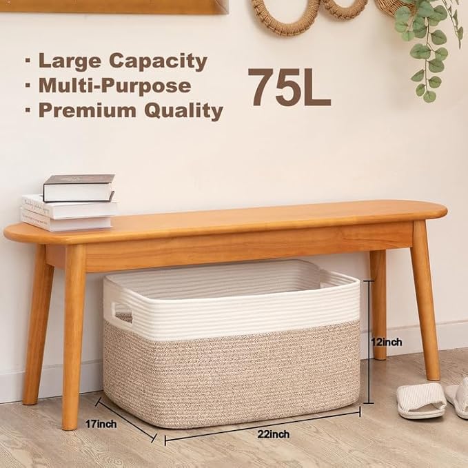 75L Large Blanket Basket, Toy Basket Bin for Kids, Cotton Rope Woven Storage Basket for Living Room, Nursery, Baby Room Decorative Organizer, 22''×17''×12'', Brown and White