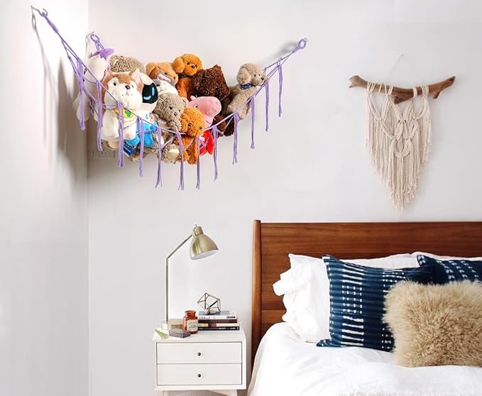 Stuffed Animals Hammock Corner Hanging Net for Macrame Stuffed Animal Storage Plush Toy Holder Toy Organizer for Boho Nursery Playroom Bedroom (purple, Large)