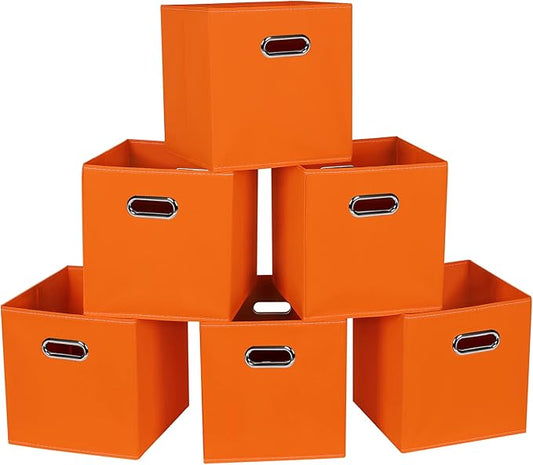 Fabric Cloth Storage Bins,Fabric Cube Bins Organizer with Dual Handles Foldable Cube Storage Baskets for Home Bedroom Storage,Set of 6,(Orange)