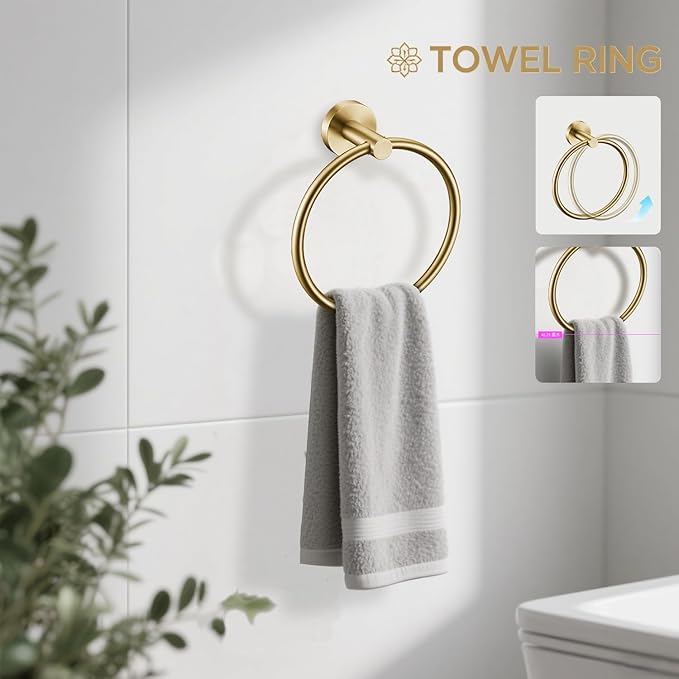 6 Pieces Brushed Gold Bathroom Hardware Accessories Set Hand Towel Ring 16&23.6 Inch Round Towel Bar Gold Toilet Paper Holder Towel Hooks 2 Pieces SUS 304 Stainless Steel, Heavy Duty, Wall Mounted