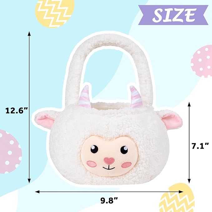 Sheep Easter Basket for Kids, Cute Plush Empty Bucket with small Ears and Handle Egg Hunt Tote Candy Bag Basket for Boys GirlsTeens Gift, Easter Decor White