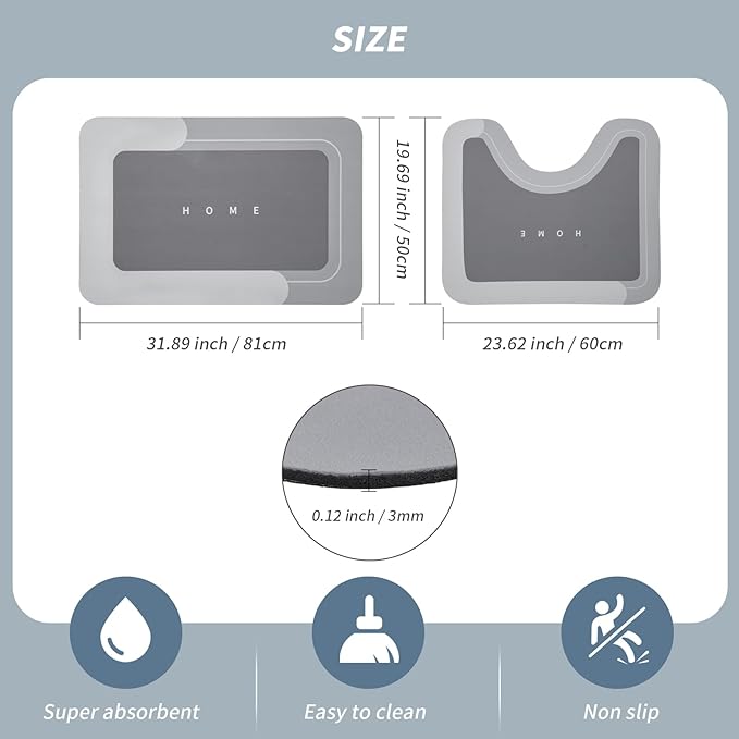 2PCS Absorbent Bath Mat Magic Rug Sets, Quick Drying Bath Mat Non-Slip Floor Rug Rubber Backed for Bathroom Kitchen Shower Sink, Water Absorbent (19.7''x23.6''+19.7''x31.9'', Dark Gray)