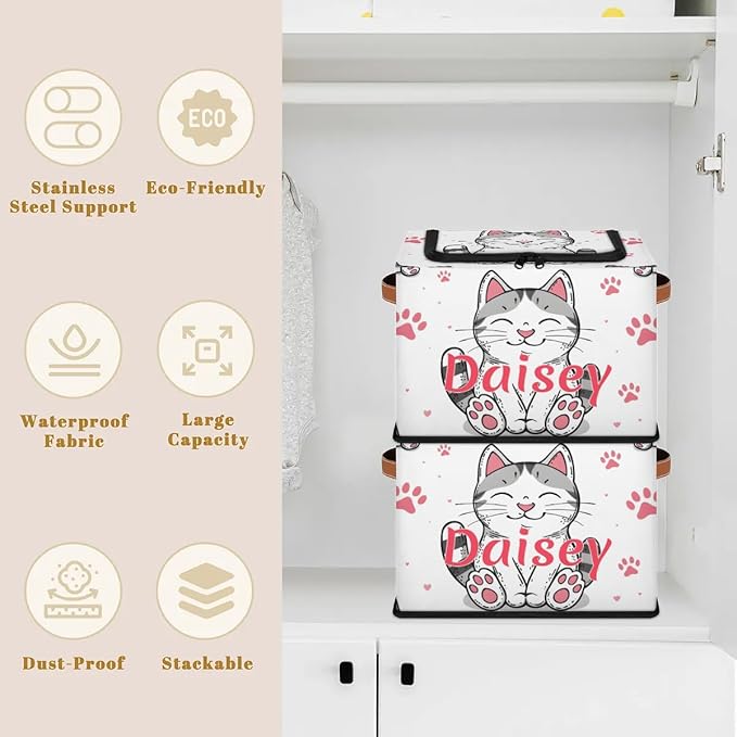 Custom Cute Cats Footprint Storage-Bin With Zipper Lid for Kids-Girls-Boys-Baby-Pet,Personalized Name Foldable Storage Box with Handle,Baby Basket With Label for Bedroom Nursery Toy Clothes,White