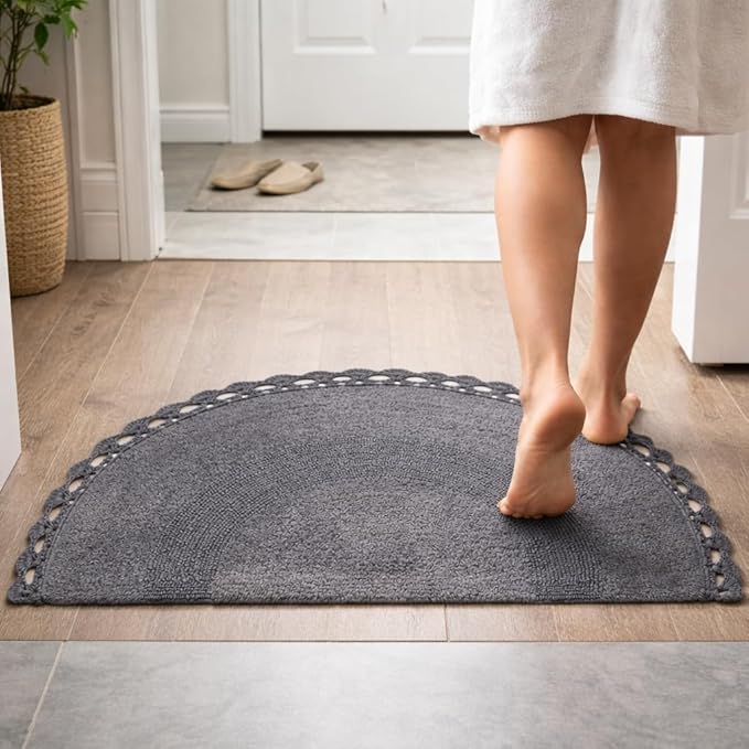 Half Moon Circle Bohemian Bathroom Rug with Handwoven Chrochet Border, Beautifully Handcrafted 100% Cotton Mat - 22x42", Round Boho Bedroom Rug, Boho Bathroom Décor, Machine Washable - Charcoal Grey