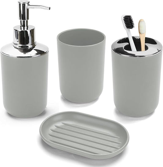 4 Pcs Grey Bathroom Accessories Set,Bohemian Bathroom Toothbrush Holder Set.Include Soap Dispenser, Soap Dish, Toothbrush Holder, Mouthwash Cup, Modern Bahtroom Decor Set