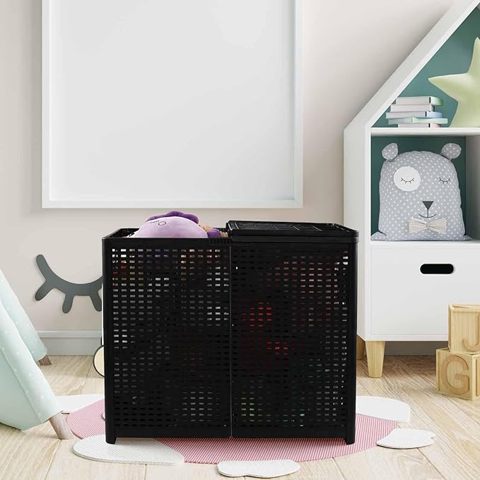 Bringer 1 Pack Double Plastic Laundry Hamper, Collapsible Laundry Basket with Lids, Black