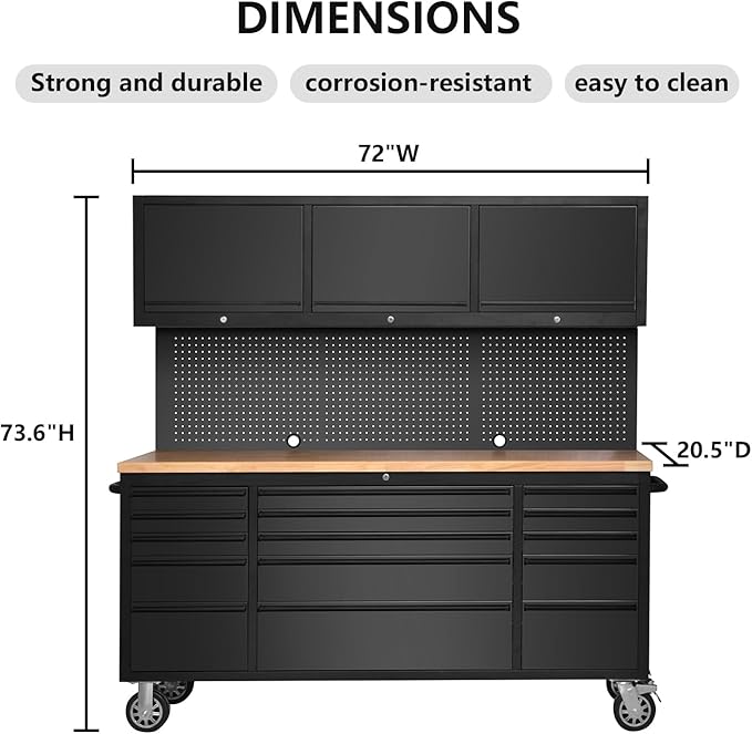 SINDA 72 Inch Tool Chest with Drawers and Wheels Mobile Workbench Garage Tool Storage Cabinet Large Rolling Lockable Tool Box with Wood Top, 15 Drawers + 3 Upper Cabinets, Matte Black