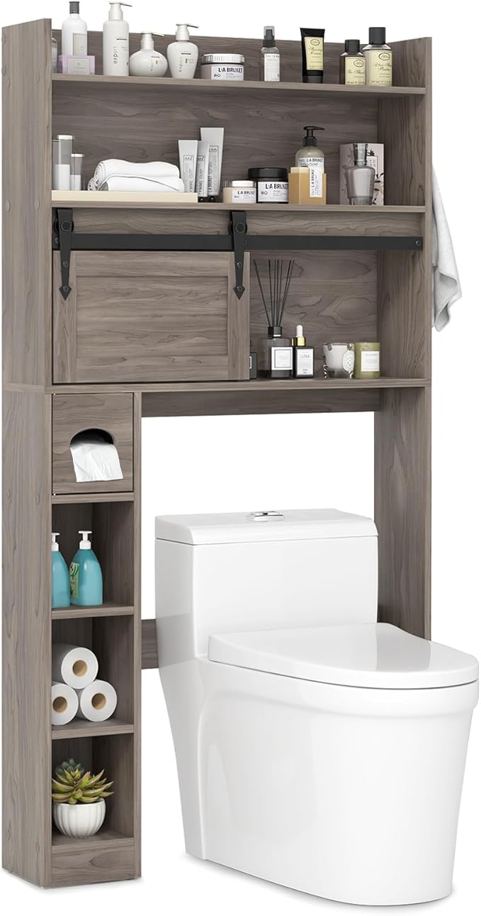 Tangkula Over The Toilet Storage Cabinet, Farmhouse Freestanding Above Toilet Rack w/Sliding Barn Door, Adjustable Shelves, Toilet Paper Holder, 2 Hooks, Bathroom Space Saver (Retro, Grey)