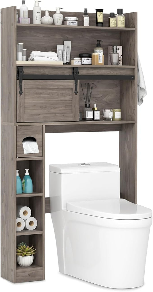 Tangkula Over The Toilet Storage Cabinet, Farmhouse Freestanding Above Toilet Rack w/Sliding Barn Door, Adjustable Shelves, Toilet Paper Holder, 2 Hooks, Bathroom Space Saver (Retro, Grey)