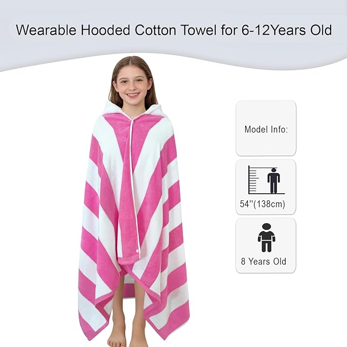 Hooded Bath Towel Wrap for Teens/Big Kids (6-12 Years,68"X34") | Soft Fluffy Quick Dry Absorbent 100%Cotton Thick Towel | Versatile Beach, Pool, Swim & Bath Cover-Up | Hot Pink Wide Stripe