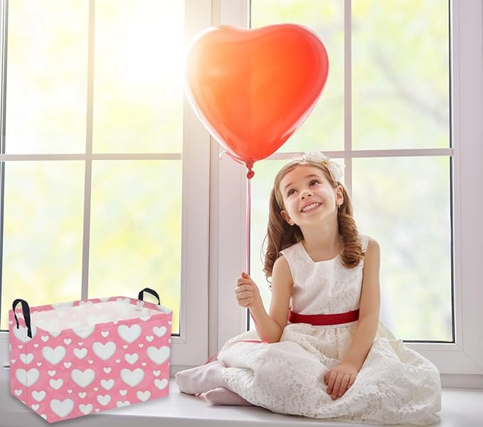 Sanjiaofeng Rectangular Valentine's Day Basket Love Storage Bins,Girls Storage Basket with Handles.Clothers,Books,Kid's Gifts Bins. (Pink Valentine's Day)