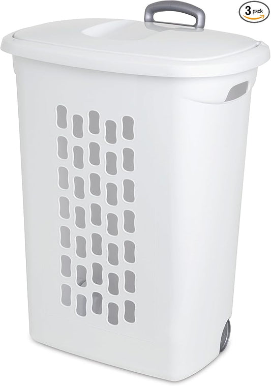 Sterilite 3-Pack Ultra Wheeled Hamper, Laundry Basket w/ Flip-Top Lid & Retractable Handle - Plastic Rolling Clothes Storage Cart with Ventilated Holes for Home, Apartment or Dorm