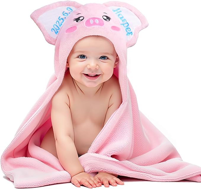 Baosity Custom Hooded Baby Towel with Name, Soft and Absorbent Customized Pig Toddler Towels, Baby Bath Towels for Boys and Girls, Easter Birthday Towel for Kids，Babies, Toddlers, Newborns Essential
