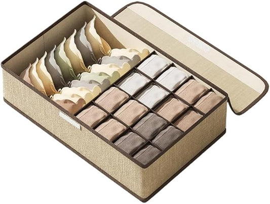 Sock Underwear Organizer Divider with Lid, 1+16 Cells Drawer Fabric Foldable Cabinet Closet Storage Boxes for Storing Socks, Underwear, Ties (Beige)