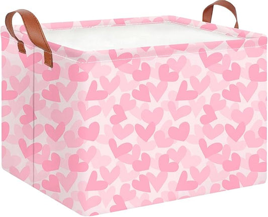 CLOCOR Rectangular Storage Basket Empty,Pink Valentines' Day Gift Basket,Waterproof Storage Bin with Handles,Room Decor(Double Pink Heart)