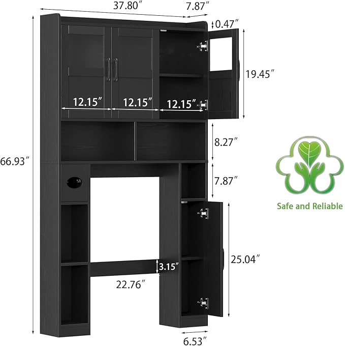 Over The Toilet Cabinet,Farmhouse Toilet Cabinet Rack with 3 Acrylic Doors and Adjustable Storage Shelf,Space Saving Bathroom Organizer with Toilet Paper Holder Stand for Restroom, Laundry，Black