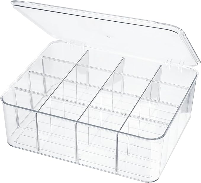 Socks Underwear Drawer Organzier Dividers, 16 Compartment Removable Divided Plastic Storage Bin with Lid, Storage Organizer for Scarves Ties Bras, Clear Dresser Drawer Organizers