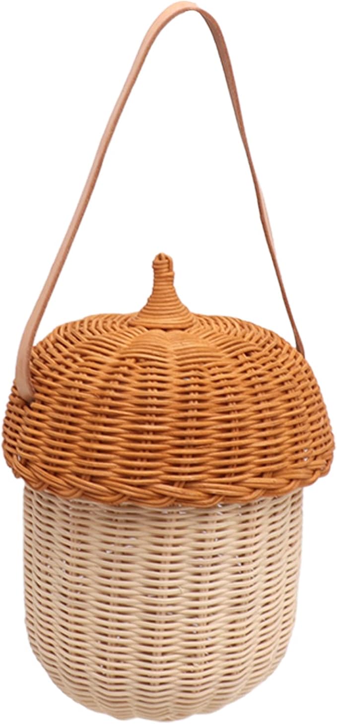Fdit Kids Rattan Storage Basket Bag, Hand Woven Pine Cone Shaped Basket for Boys Girls Home Decor Storage Box Photography Props (Large Handbag)